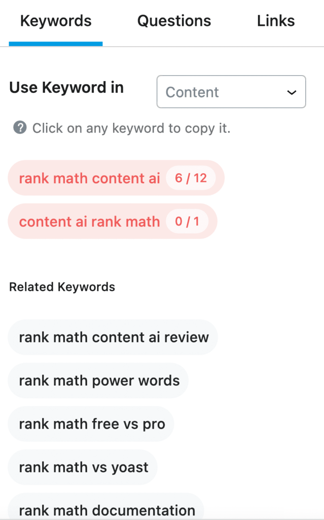 Keywords content recommendation