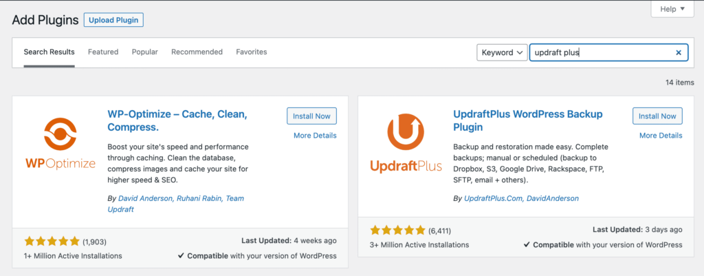 Search for UpdraftPlus Plugin
